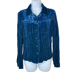 Vintage‎ Drama Crinkled Velvet Shirt Jacket Blue Silk Blend